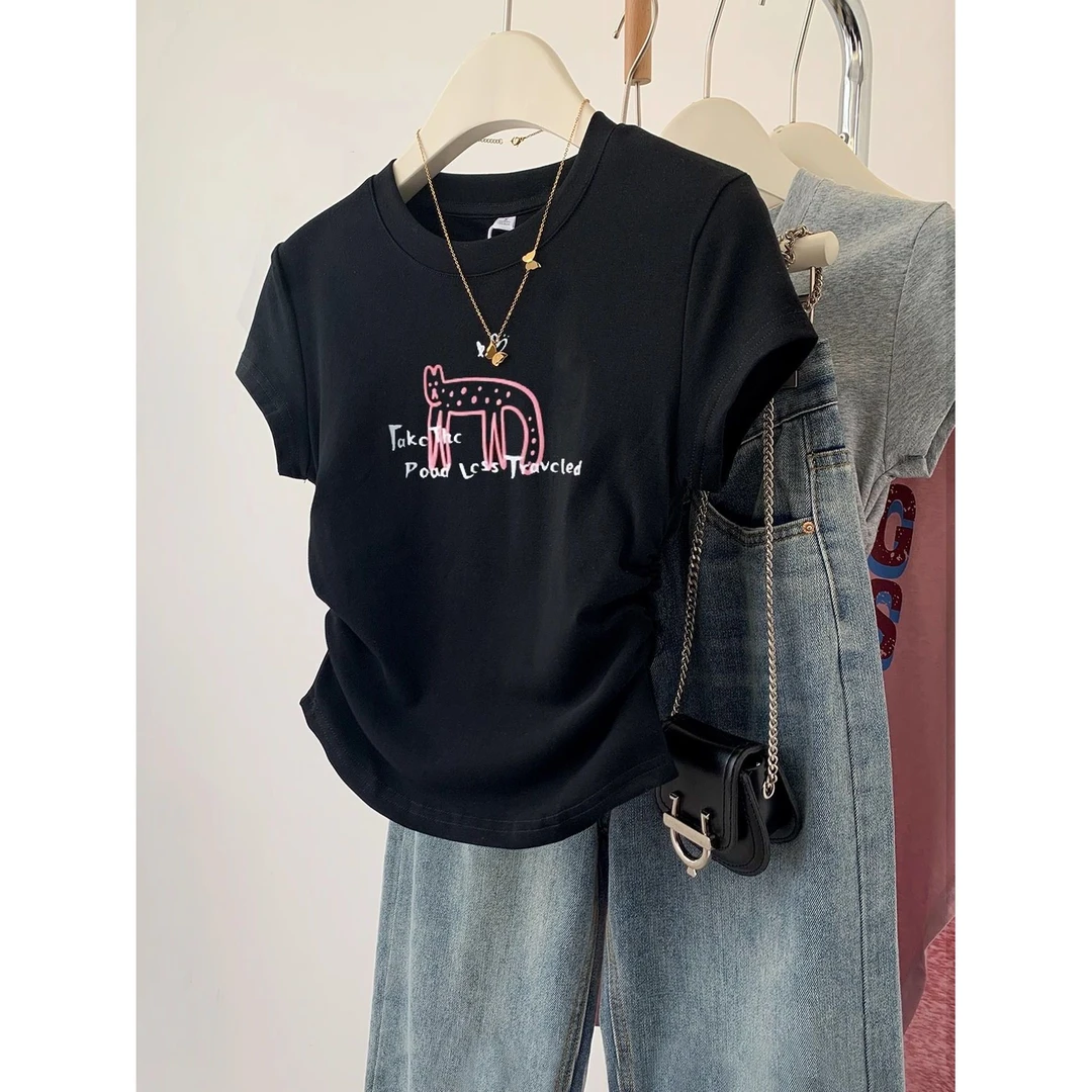 正肩黑色短袖t恤女夏季2025新款小个子胖mm遮肚短款半袖上衣i