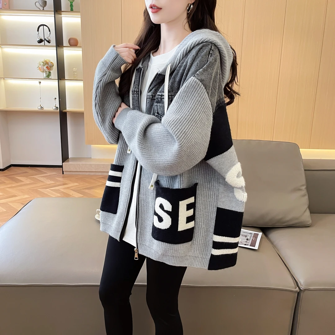 牛仔针织拼接上衣外套女连帽字母小个子2025年秋冬慵懒风毛针织衫