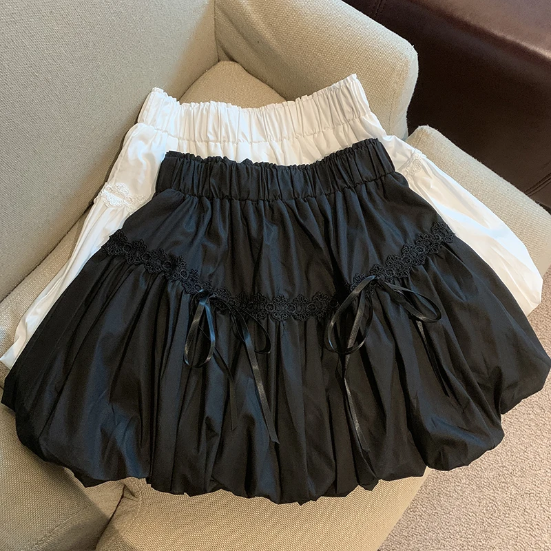 实拍实价甜美松紧高腰半身裙蝴蝶结花边装饰花苞短女荷叶边洋气