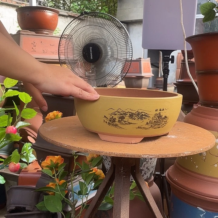 黄色江山如画小号花盆紫砂花盆紫砂