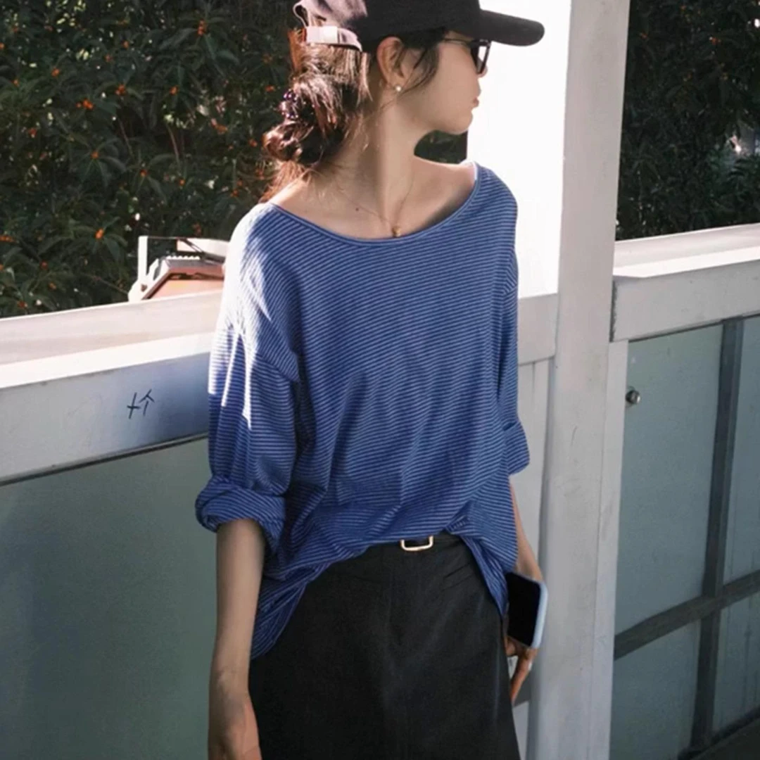 夏季穿搭茶里茶气别致单穿上衣感超好看独特漂亮蓝色条纹T恤