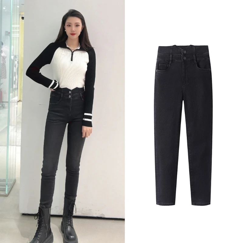 K1020【M】2024年冬季新品双纽扣高腰磨白做旧抓绒磨毛小脚牛仔裤女