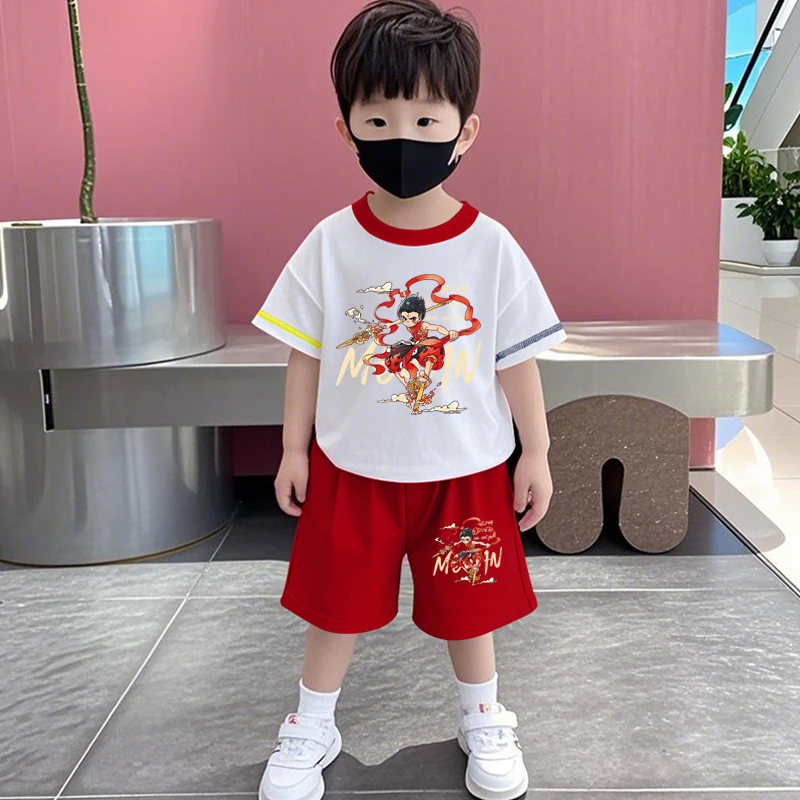 哪吒衣服儿童短袖套装夏季新款洋气男童纯棉两件套女童宝宝薄夏装