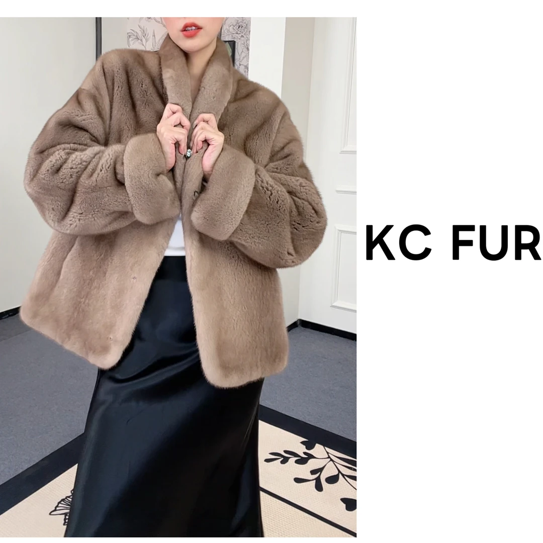 KC【天然皮草】青果领翻领挽袖短款水貂皮草外套-2610B