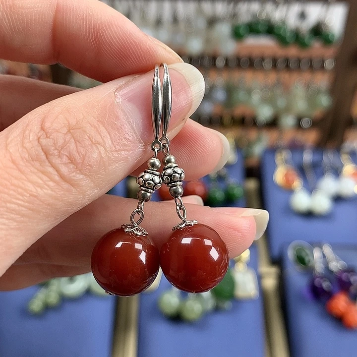 玛瑙/玉髓耳饰银S925镶嵌12左右牛血红