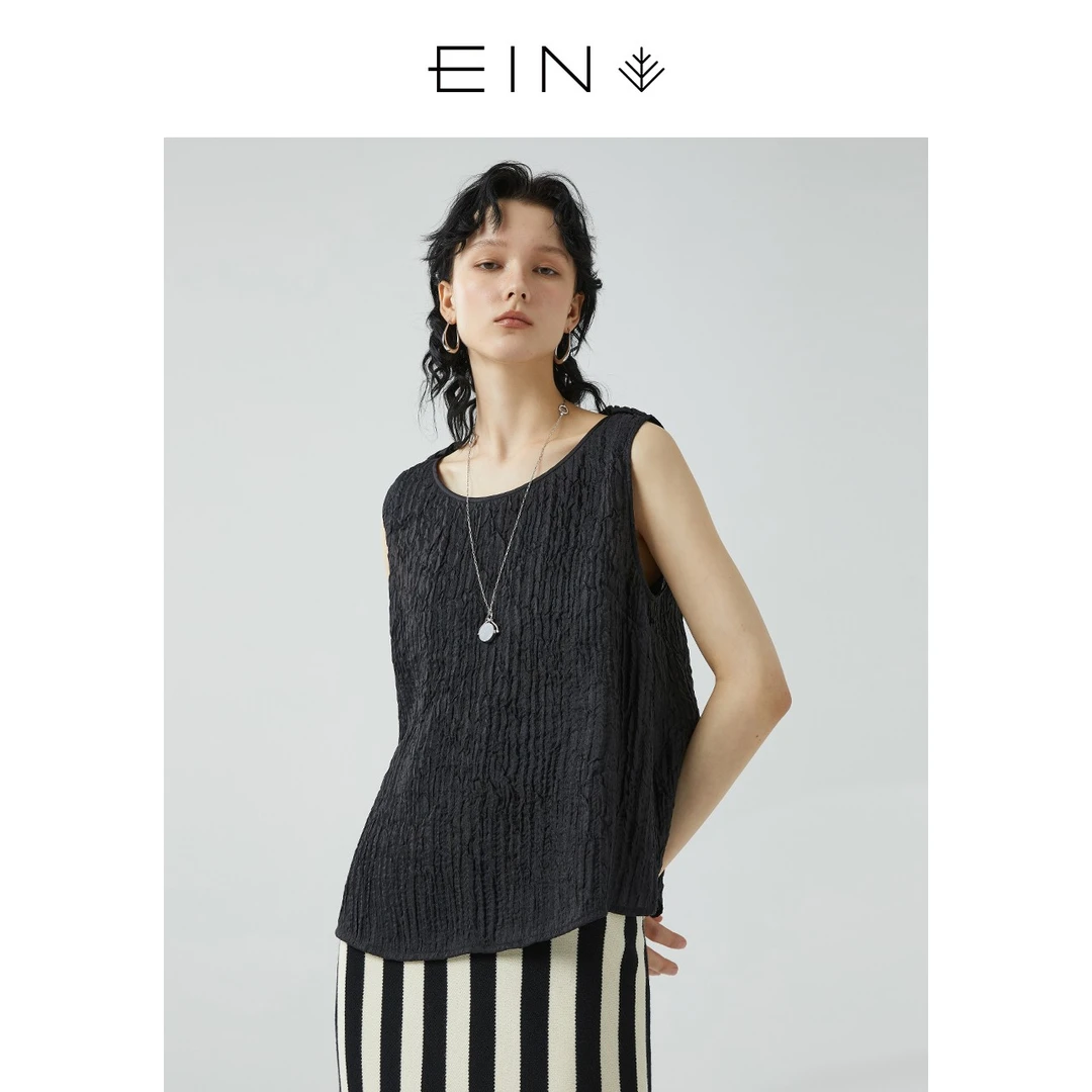 EIN/言文艺复古圆领纯色小飞袖宽松上衣女雪纺衫女夏款