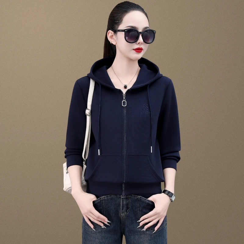 恩狐纯色连帽开衫休闲服女装2025春秋新款简约洋气妈妈装外套