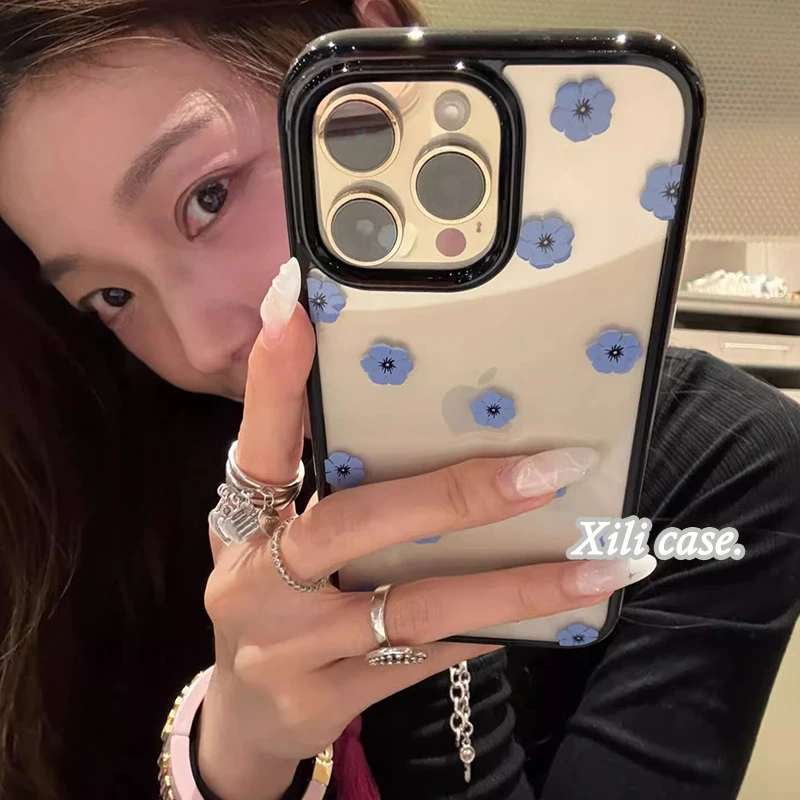 网红韩系可爱蓝色小花适用苹果16promax手机壳iPhone15pro新款14