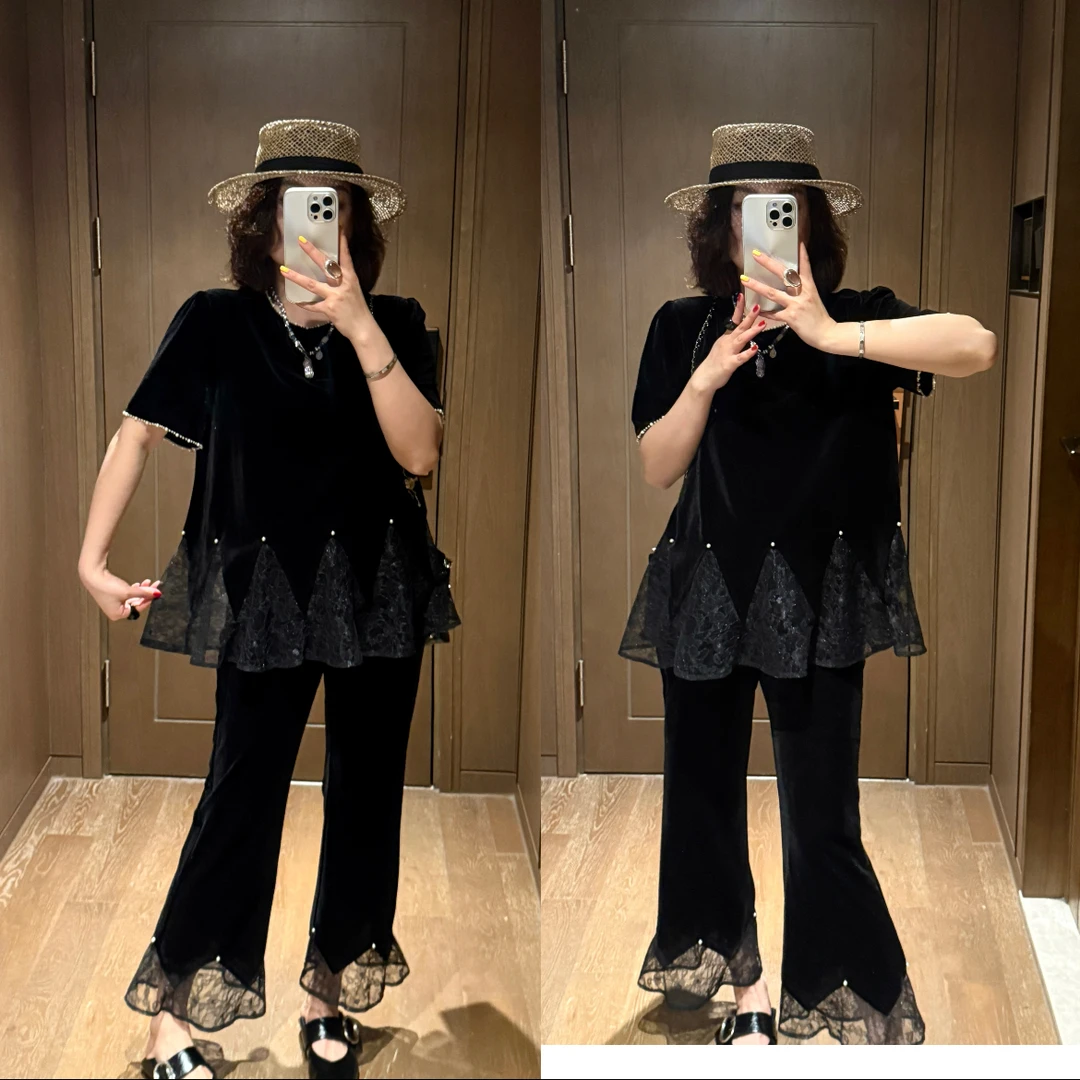 YDFSTUDIO小众【瞬间心动】欧货高品网纱拼接丝绒上衣+九分裤套装