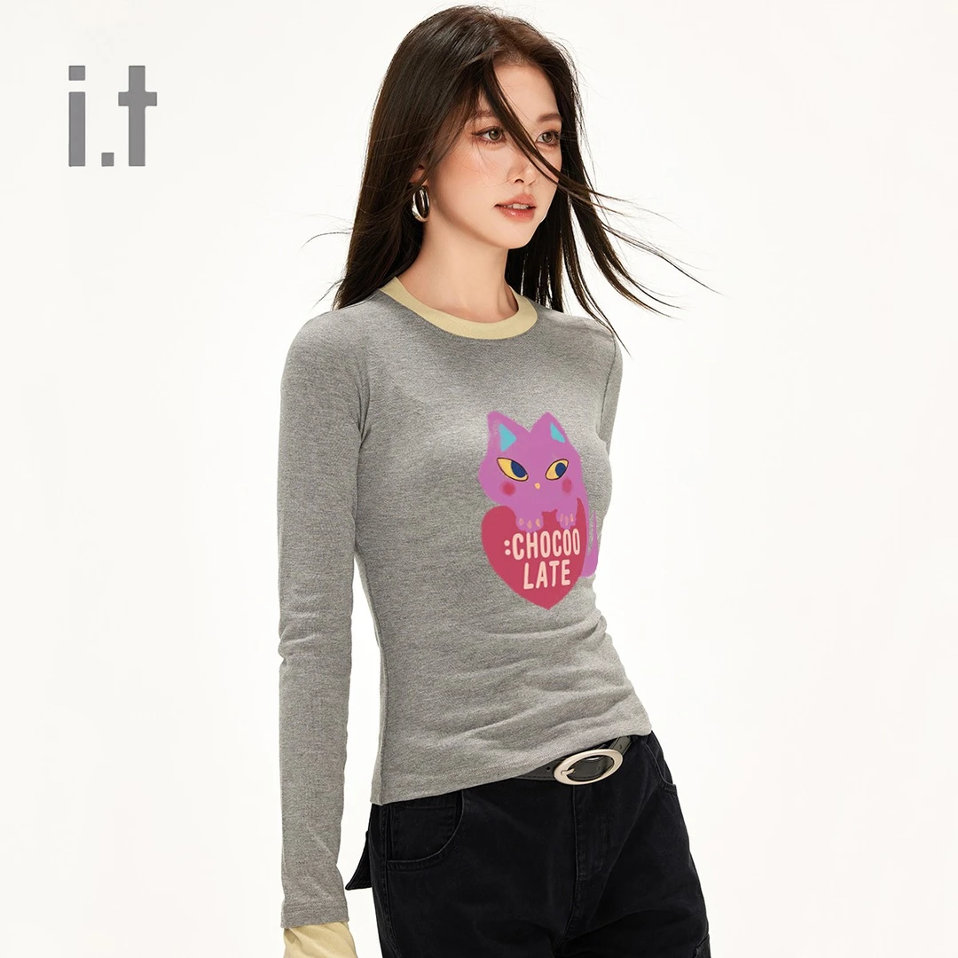 CHOCOOLATE印花长袖t恤春季新款圆领打底上衣减龄女装