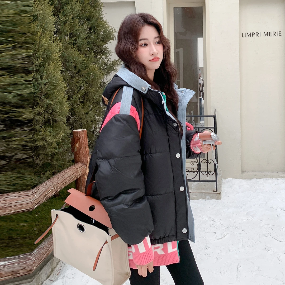 韩系氛围感羽绒服女2025冬季新款设计感撞色拼接90白鸭绒加厚外套