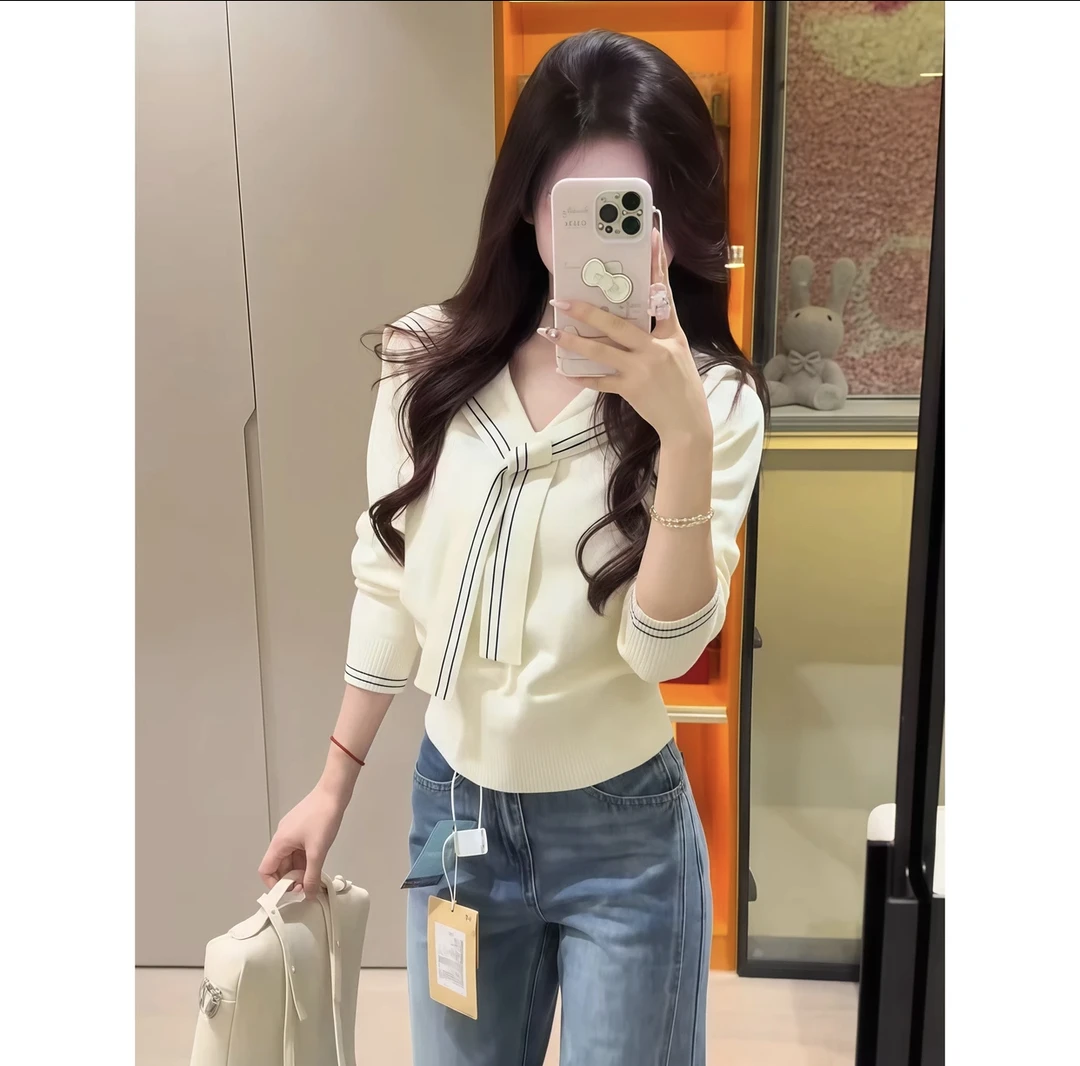 假两件拼接长袖圆领针织开衫女春季新款条纹宽松显瘦条纹针织开衫