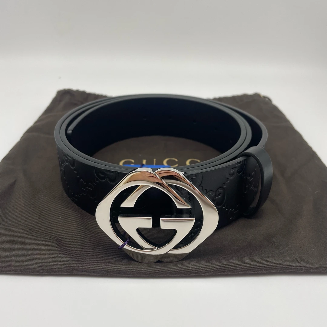 99新 GUCCI/古驰 110码方扣压纹单面腰带15112587
