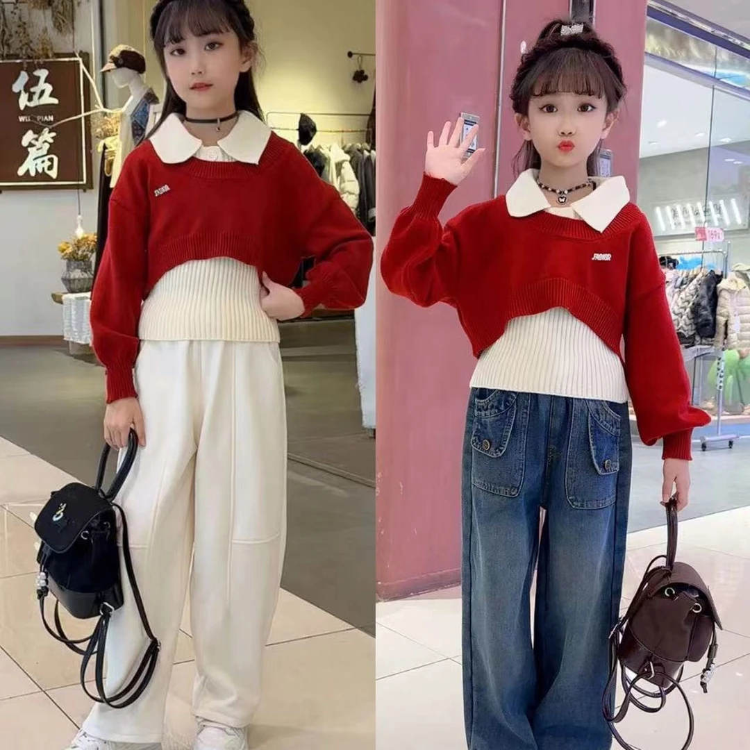 （送运费）2025女童韩版时尚真两件毛衣加绒牛仔裤弯刀裤套装