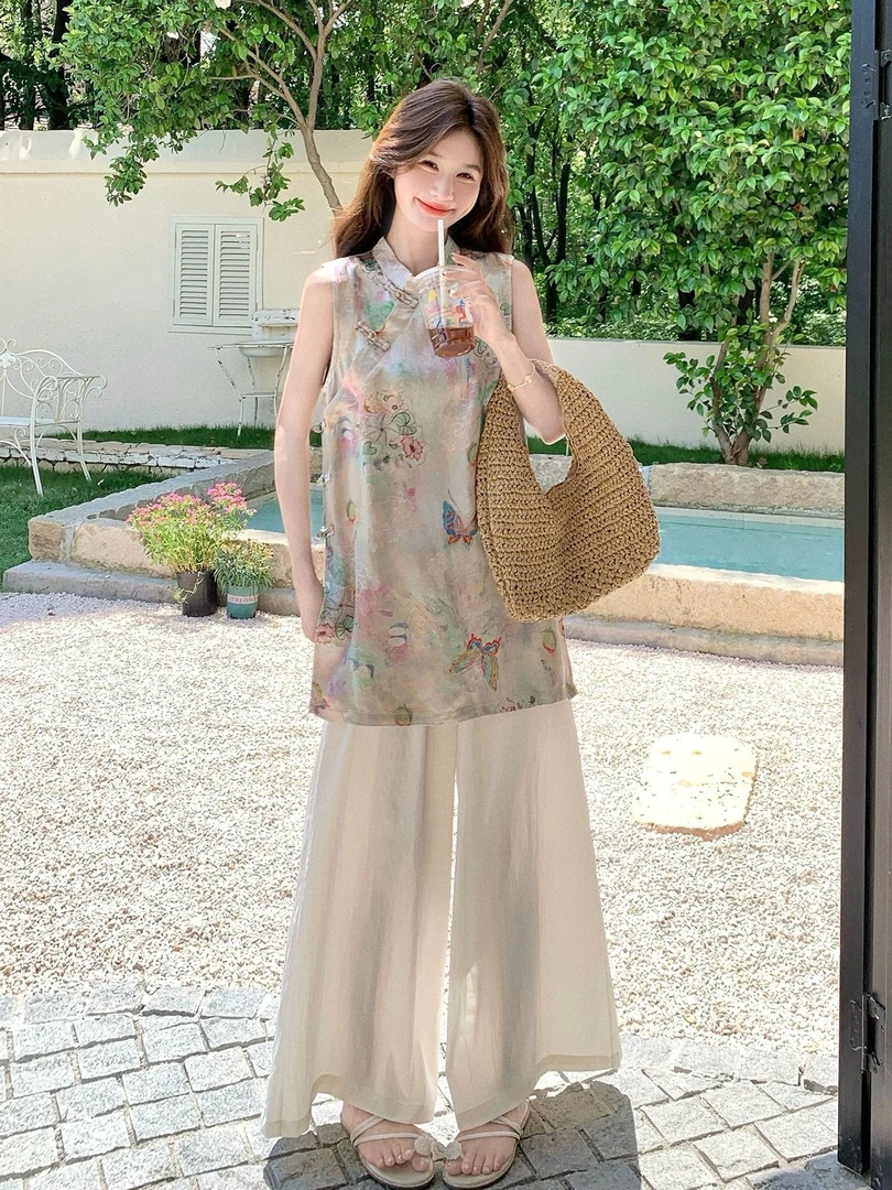 新中式国风套装睡衣女夏贵气感改良旗袍上衣阔腿裤两件套可外穿