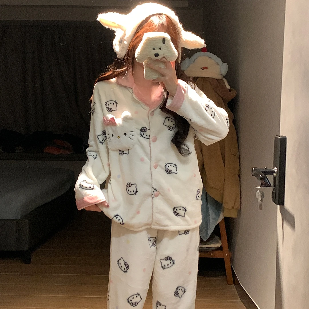 珊瑚绒睡衣女秋冬季大码加厚可外穿法兰绒黑色猫咪套装冬天家居服