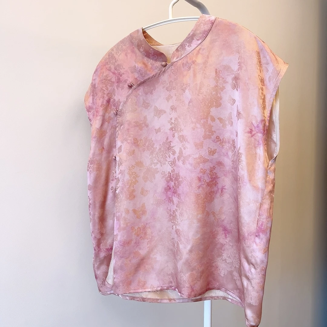 真丝上衣女夏季立领斜襟100%桑蚕丝花罗小飞袖五粒扣洋气2025新