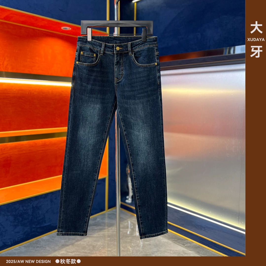 【大牙】220#深兰色牛仔裤2025秋冬季商务休闲高端男士修身小直筒裤