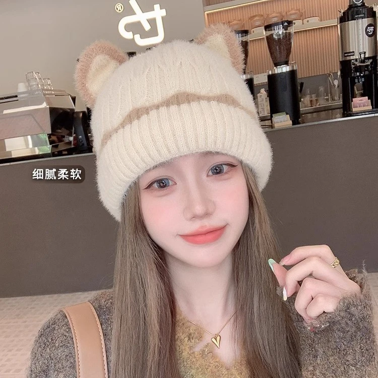 月子帽孕妇冬可爱猫咪毛绒帽子产后秋冬包头帽防风睡帽加绒猫耳帽