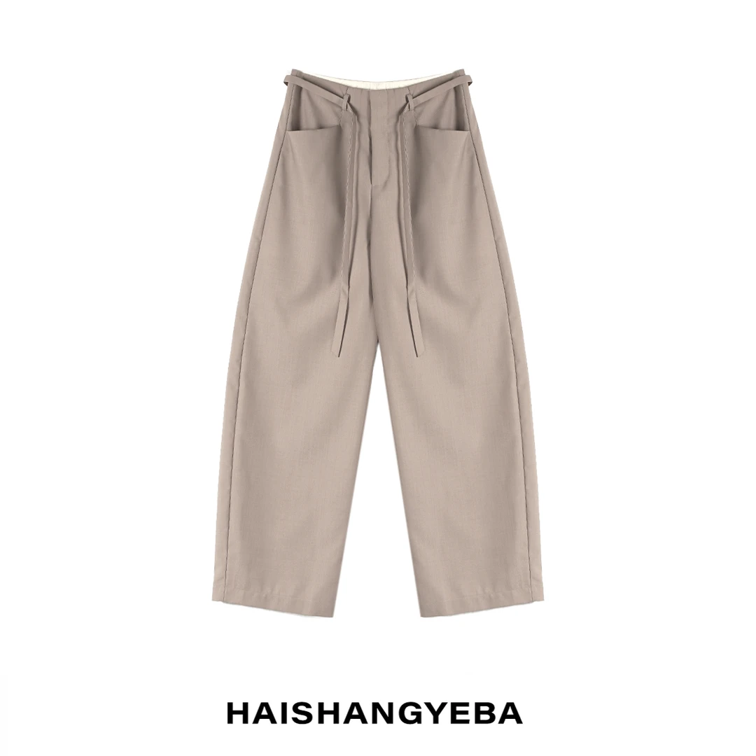 【海上叶爸】新款2025夏季百搭澳洲羊毛中高腰休闲阔腿弯刀裤