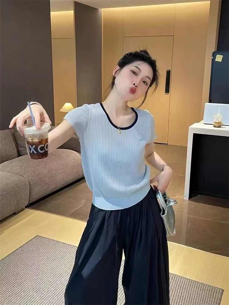 【粉丝专属】2025夏季新款宽松露背冰丝针织衫t恤女短袖短款上衣女