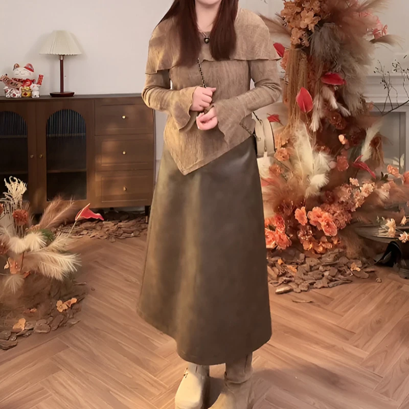 2025春秋流行穿搭一整套美拉德咖色不规则长袖T恤半身裙两件套