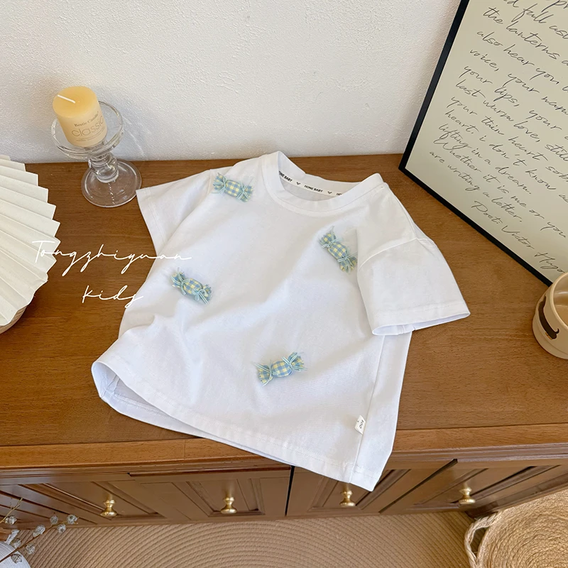 女童短袖夏季新韩版女童中小童立体装饰纯色时尚洋气短袖T恤上衣t