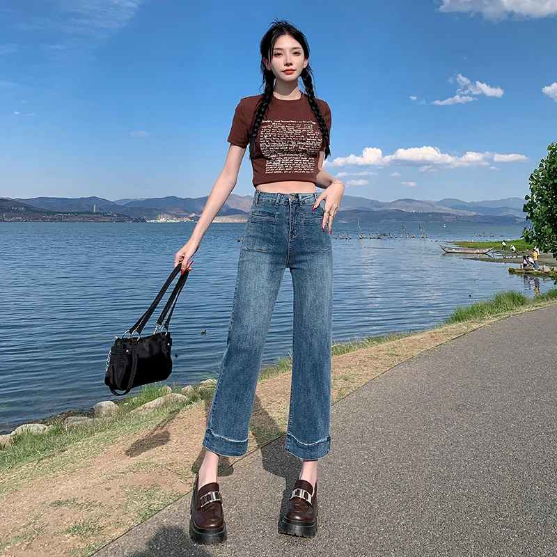 高腰窄版阔腿牛仔裤女春秋2025年新款小个子八分裤显瘦直筒九分裤