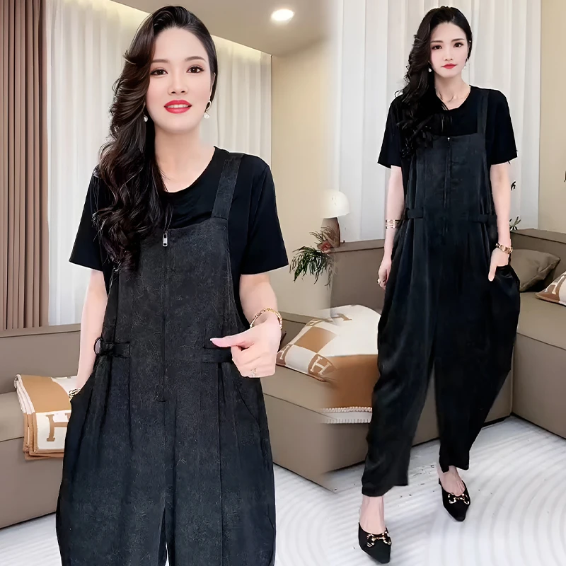 休闲时尚套装女2026年夏季新款宽松显瘦洋气减龄T恤背带裤两件套