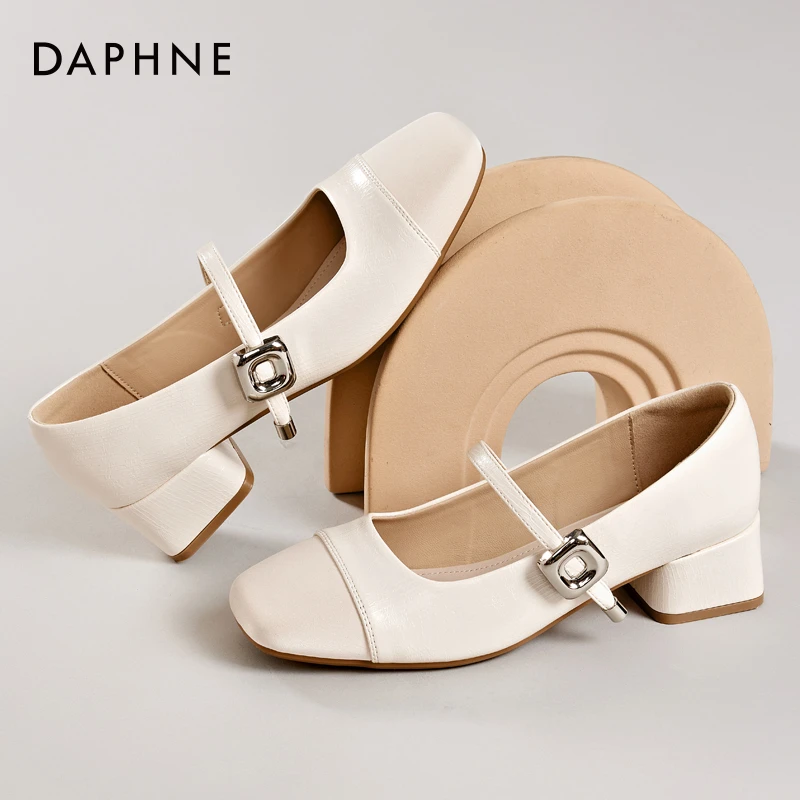 达芙妮玛丽珍鞋女粗跟方头浅口单鞋夏季新款气质法式一字带高跟鞋
