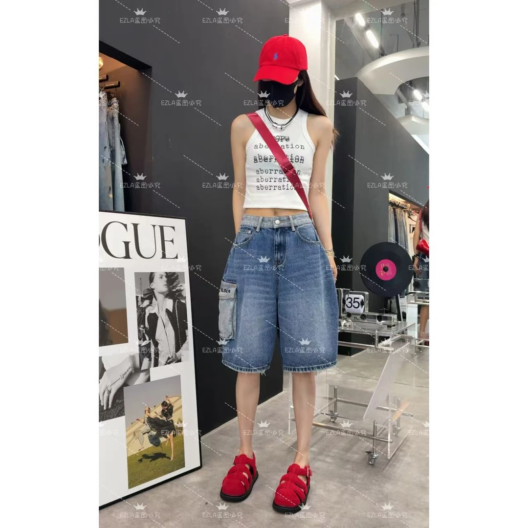 EZ8628-工装口袋阔腿字母拼接色牛仔五分裤洋气时髦中裤