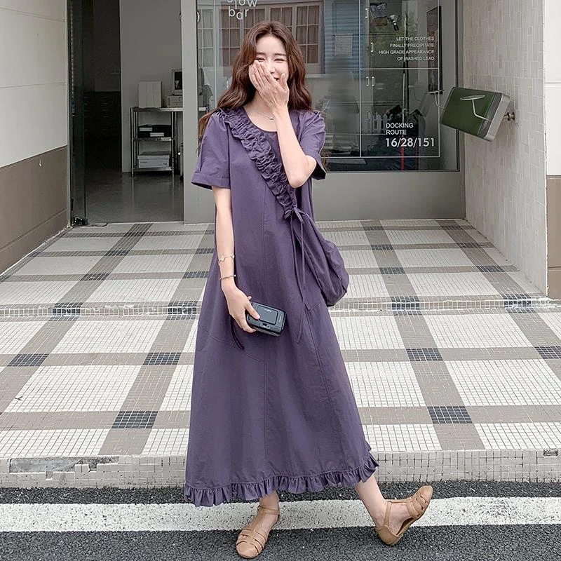 紫色系穿搭休闲宽松慵懒松弛感连衣裙女夏巨好看绝美森系文艺长裙