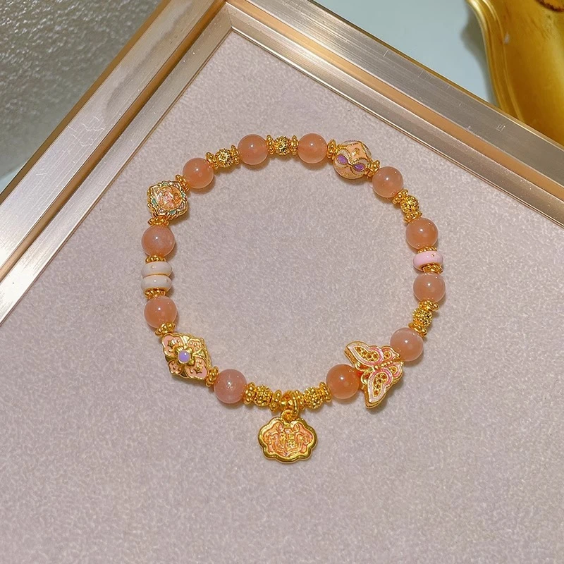 瑞诺黄金太阳石花丝蝴蝶福牌手链足金999祥云吊坠手串送女友礼物