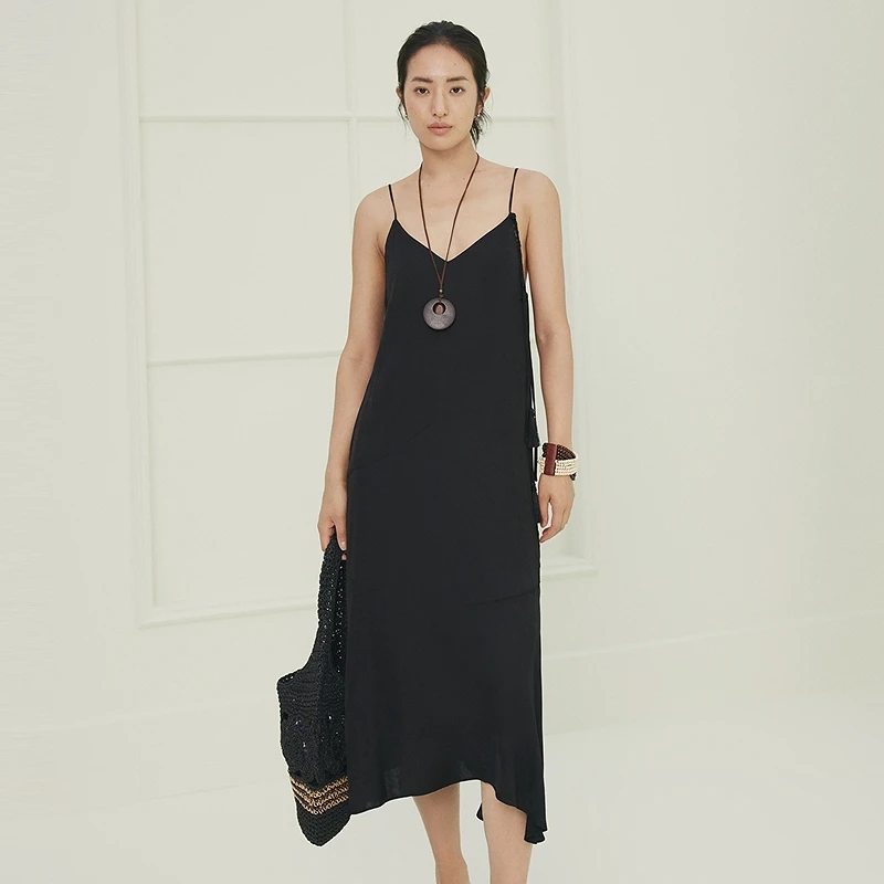 FS优雅精致新中式V领细肩带吊带连衣裙女4229A