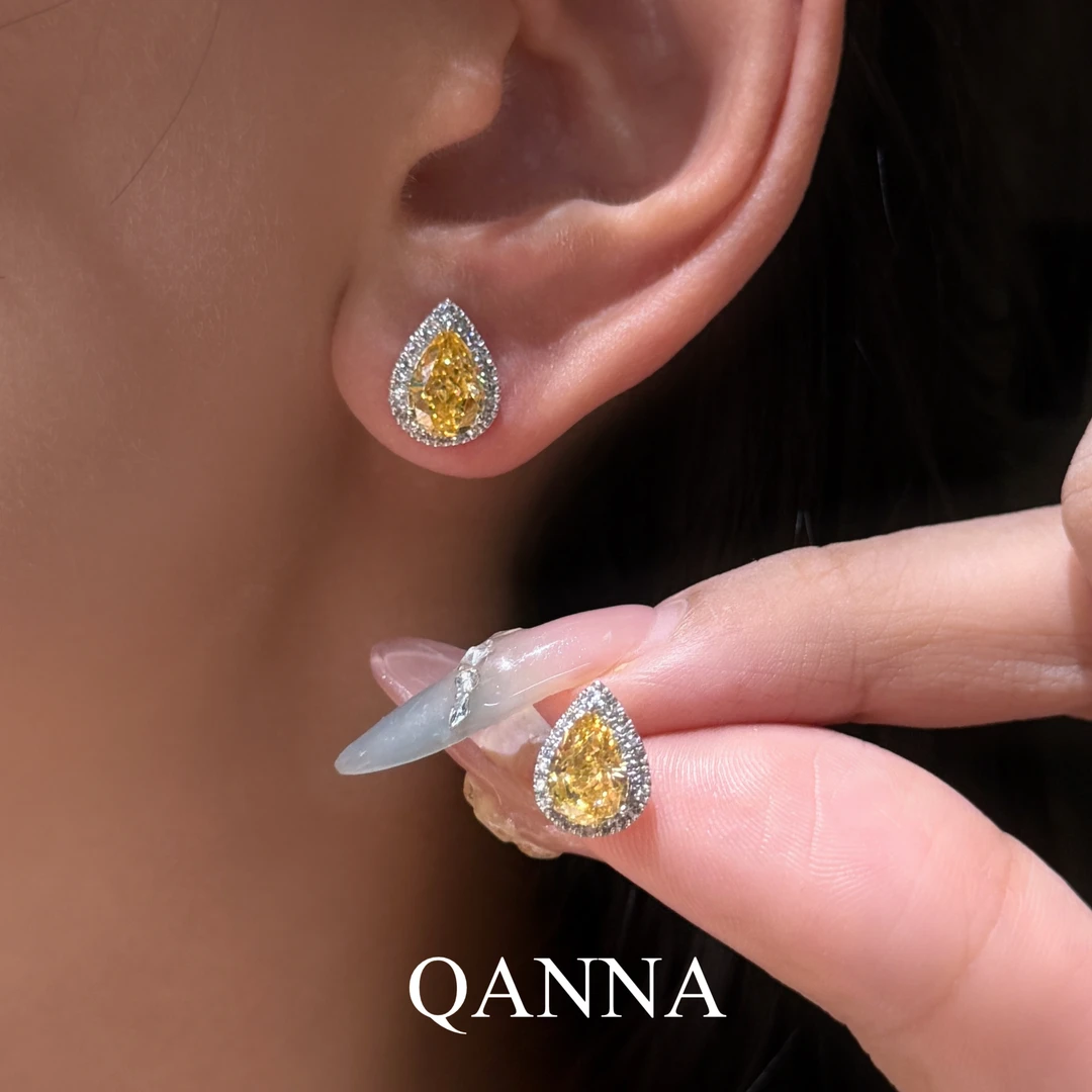 QANNA【纸醉金迷】【黄色大水滴】轻奢灵动精致通勤百搭钻石耳钉BV