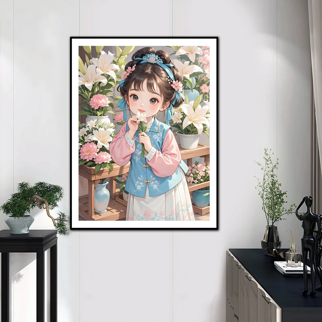 【新疆长绒棉绣布礼盒版】7202百合女孩十字绣大格60x80cm满绣56色