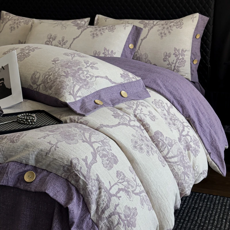 轻奢复古纽扣款原麻四件套床上用品被套床单枕套三件套透气可机洗