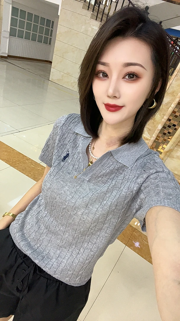 短袖休闲夏季毛针织衫修身翻领女刺绣显瘦网红韩版