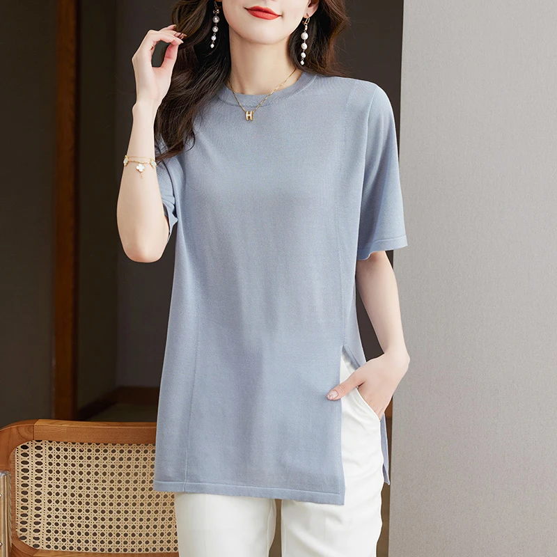 天丝针织衫女品牌莱赛尔夏季短袖t恤女中长款遮屁股上衣休闲半袖