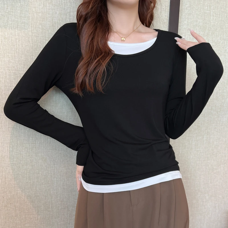 春装新款多彩高品质螺纹棉假两件拼接撞色圆领T恤  内搭外穿长袖