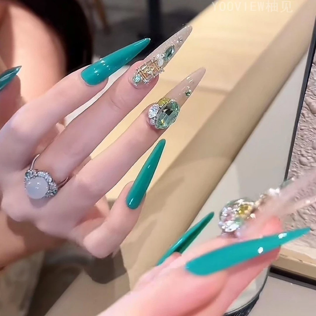 高级感美甲穿戴甲孔雀蓝堆钻温柔显白可拆卸指甲贴长款猫眼美甲