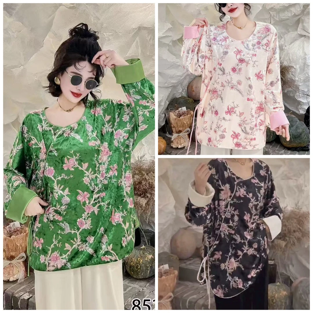 上新价~深圳8525新中式国风太太服重工丝绒贵气富婆衫