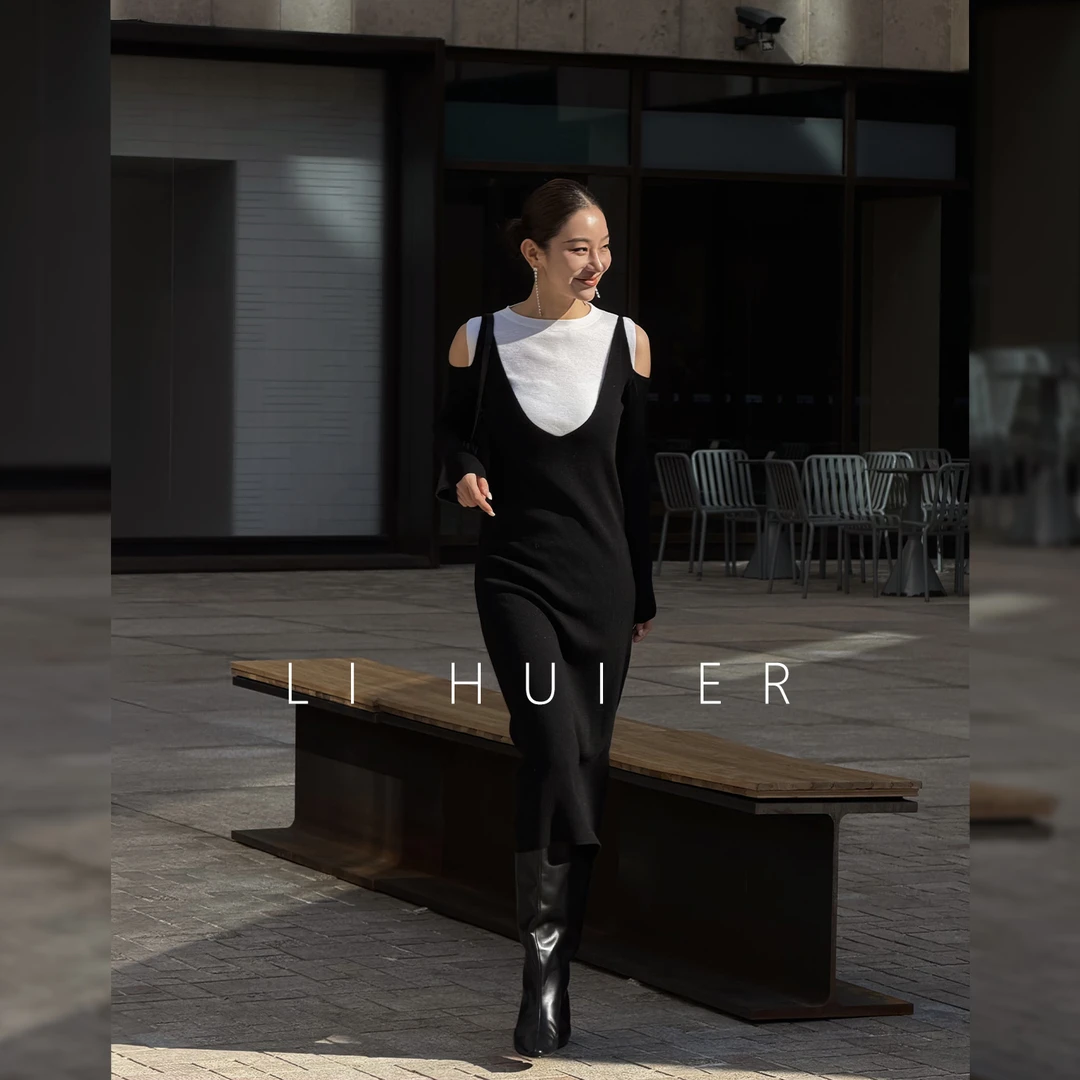 LiHuiEr李慧儿【叙写曲】冬季轻奢百搭暗黑色针织连衣裙LL025799