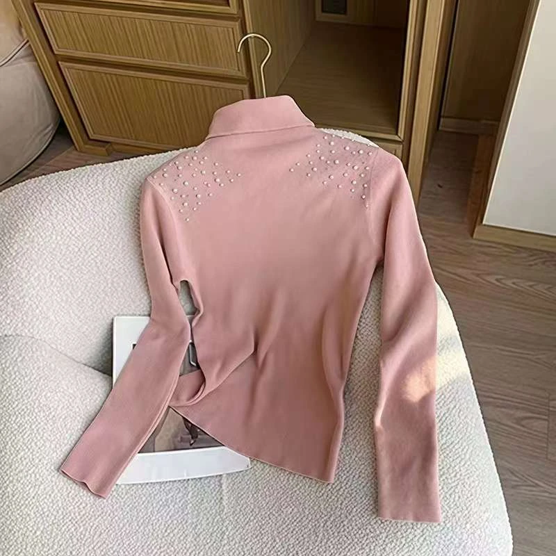 灰色高领法式钉珍珠烫钻针织打底衫女秋冬设计感内搭修身显瘦上衣