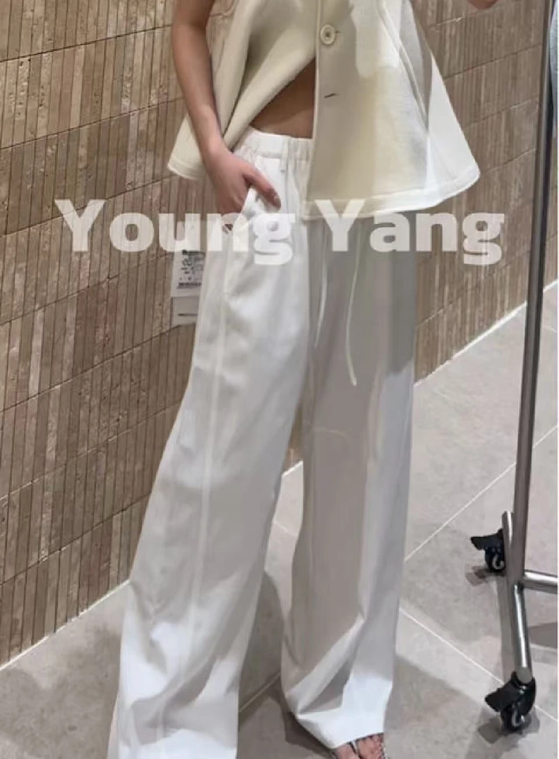 纯色松紧休闲直筒无弹阔腿长裤25750