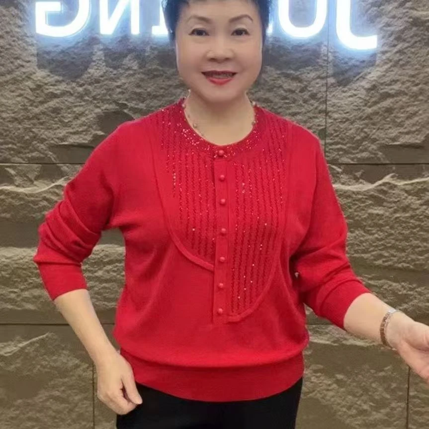 2025年新款时尚妈妈减龄圆领烫砖长袖套百搭纯色高品质针织女上衣