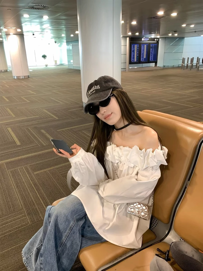 DDone欧若风一字肩韩系气质白色长袖衬衣度假风衬衣女衬衫上衣