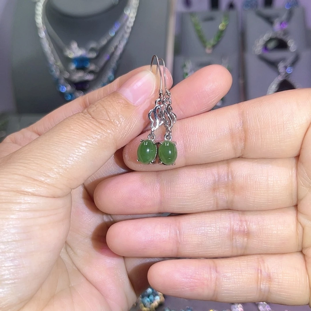 【闪购商品】和田玉（碧玉）耳饰银S925镶嵌