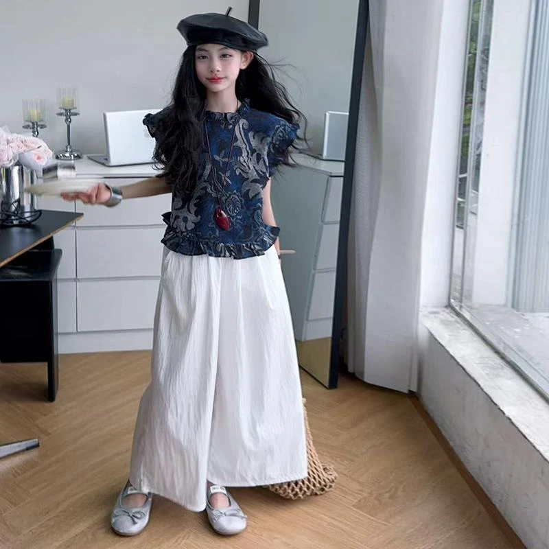 女童夏装欧货老钱风套装2025新款夏季国风碎花上衣阔腿裤两件套潮