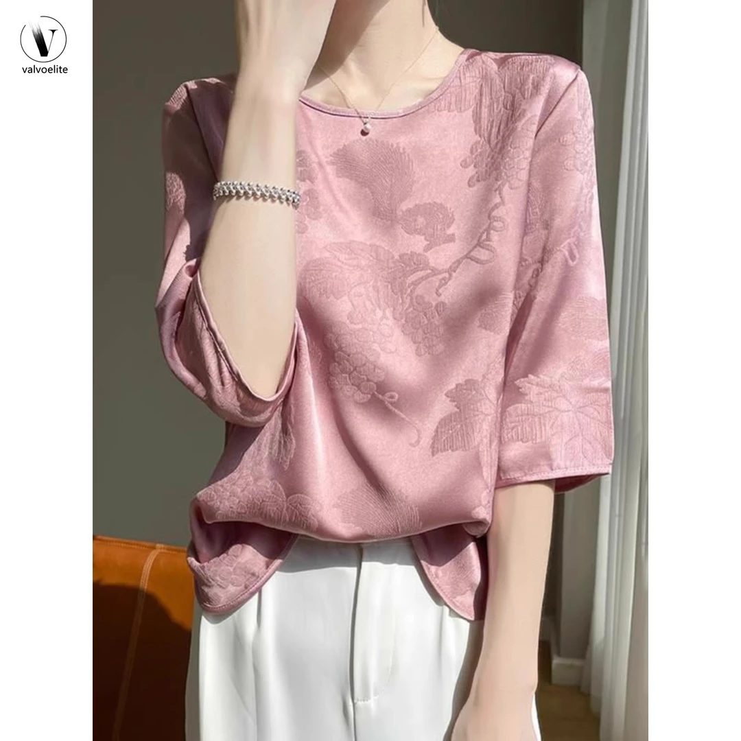 VALVOELITE复古提花短袖t恤女宽松新中式国风显瘦七女款缎面衬衫